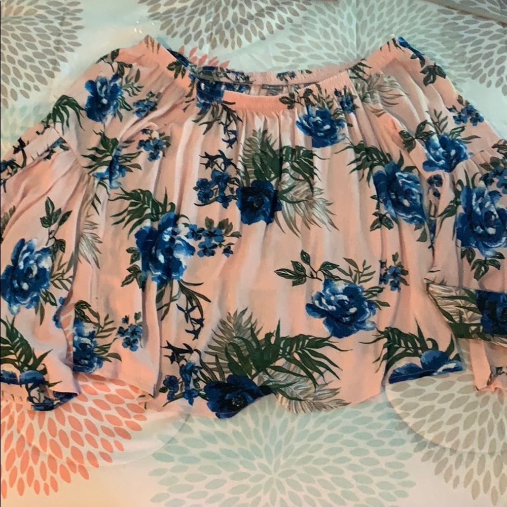 Pink with flowers off the shoulder blouse.